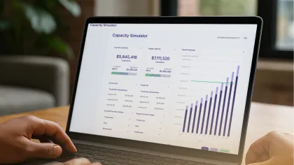 Person using a laptop displaying a capacity simulator with financial data and a growth forecast chart.