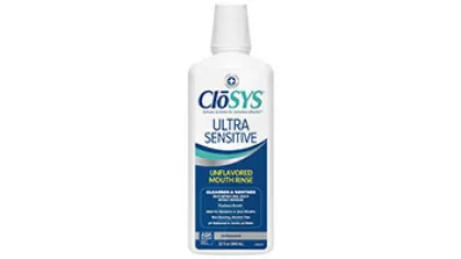Closys Ultra Sensitive unflavored mouth rinse bottle with blue and white label on a white background