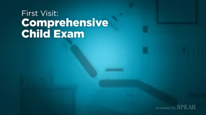 Text highlighting comprehensive child exam for first visit with a blurred medical exam chair background.
