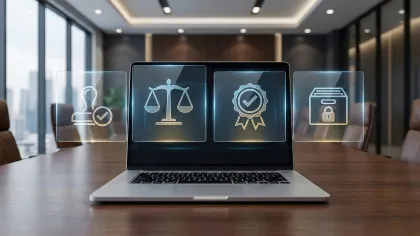 Laptop on conference table with floating legal icons of approval, balance, certification, and security in office.