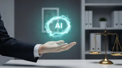 Hand in business suit with glowing AI symbol next to gold scales of justice on desk in modern office.