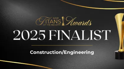 2025 Titans of the Industry Awards finalist announcement for Construction and Engineering with gold trophy on black background