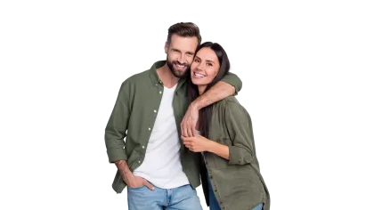 Smiling young couple embracing each other wearing casual olive green shirts and jeans on transparent background
