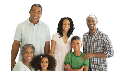 Multi-generational African American family smiling together, showing love and happiness in casual clothing.