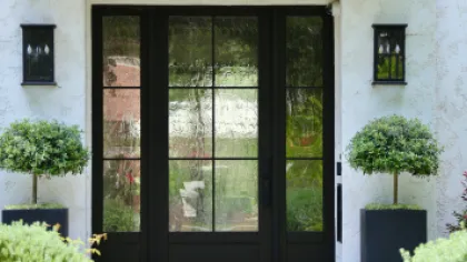 a building with glass doors