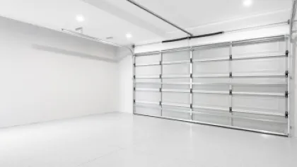 a white room with a glass wall