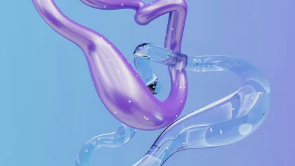 Abstract purple and transparent intertwined tubular shapes against a gradient blue background with floating particles.