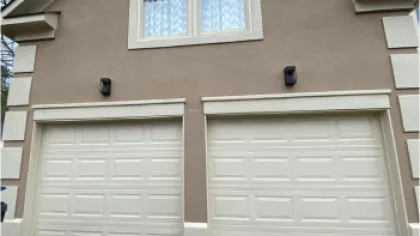 a garage door with a window
