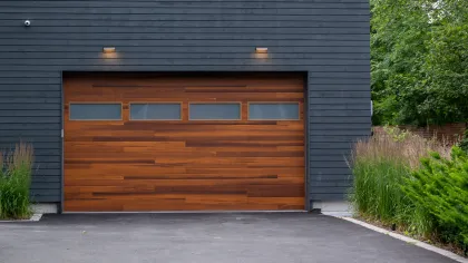 a garage door with a metal frame