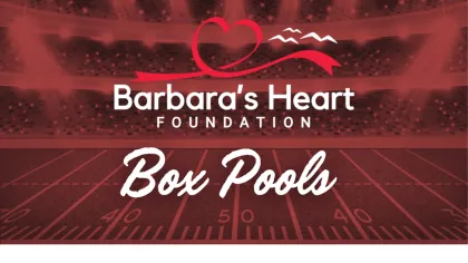 Barbara's Heart Foundation Box Pools logo over a football field background in red tones.