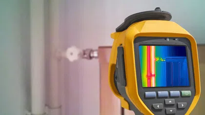 Person using a thermal imaging camera to inspect plumbing for leaks and temperature variations.