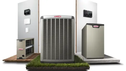 Lennox branded HVAC equipment including air conditioner unit, furnace, and thermostats on different platforms