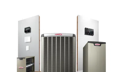 Lennox heating and cooling HVAC units with thermostats displayed on wood and concrete platforms with grass base