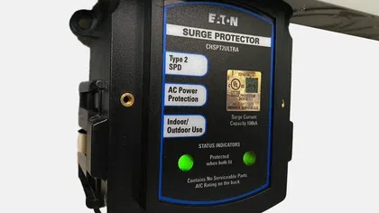 Eaton surge protector with indicators for AC power protection, suitable for indoor and outdoor use.