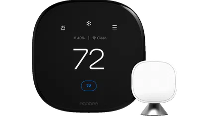 Ecobee smart thermostat displaying temperature and climate controls in a sleek, modern design.