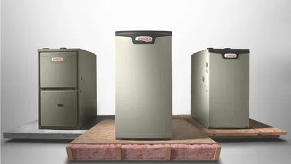 Three Lennox HVAC units displayed against a neutral background on different flooring materials.