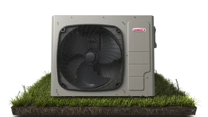 Lennox outdoor HVAC unit on grass with visible fan and logo, isolated on white background