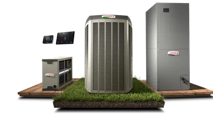 Lennox HVAC system components including thermostat, air handler, heat pump, and furnace displayed on grass and wood platform.