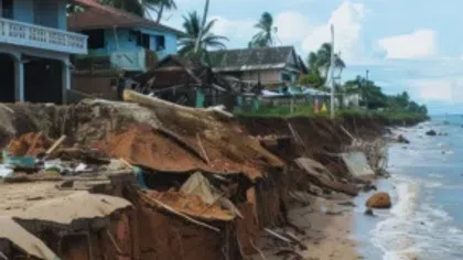 Severe coastal erosion damaging beachfront homes with palm trees and ocean waves under a blue sky.