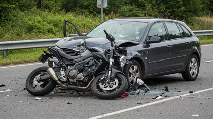 Black motorcycle crashed into black car with damaged front and broken glass scattered on road.