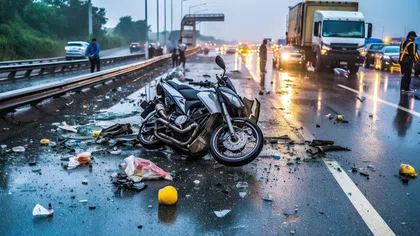 Damaged motorcycle lies on wet highway after accident with debris scattered around and emergency responders present.