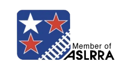 Blue square with one white star, two red stars, and white railroad tracks on the lower right corner.
