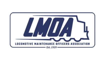 Logo of the Locomotive Maintenance Officers Association featuring stylized letters and train silhouette.