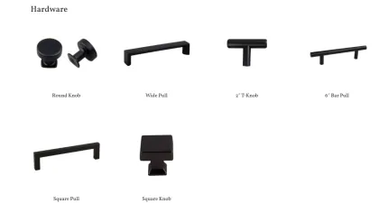 Collection of black hardware including round and square knobs, wide and bar pulls, and a T-knob on white background.