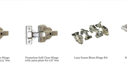 Four types of metal soft close cabinet hinges displayed on a white background with labels.