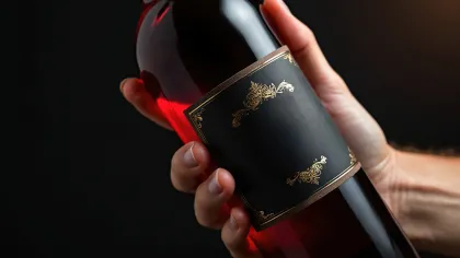 Hand holding a red wine bottle with a black and gold ornate label on a dark background.