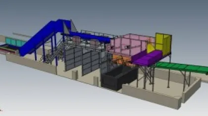 3D model of industrial conveyor and processing system with color-coded machinery and structural supports