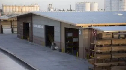 Industrial warehouse exterior with loading docks and stacked wooden pallets during daytime.