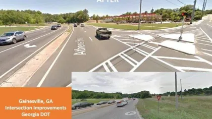 Before and after images of improved Gainesville, GA intersection with clearer lanes and markings by Georgia DOT