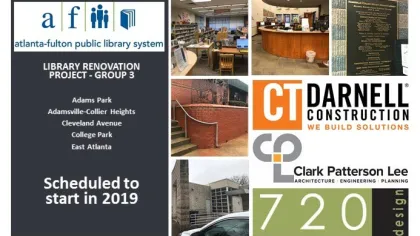 Atlanta-Fulton Public Library renovation project images and logos scheduled to start in 2019 for Group 3 locations.