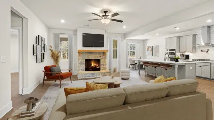 a living room with a fireplace