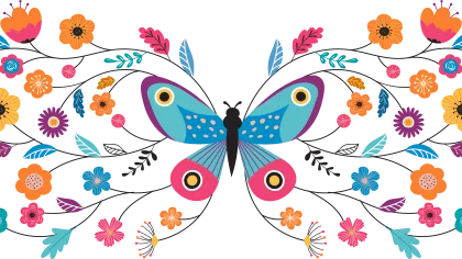 Colorful symmetrical butterfly with wings composed of various bright flowers and leaves on black background