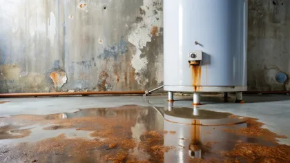 Rusty water heater leaking rusty water onto a concrete floor in a damp basement with peeling walls.