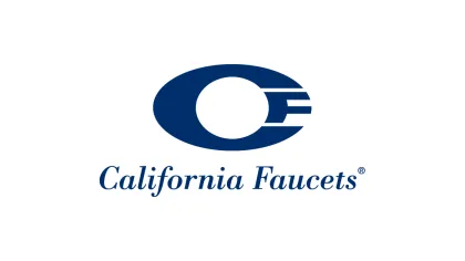 California Faucets logo featuring a stylized blue CF emblem with company name beneath on white background