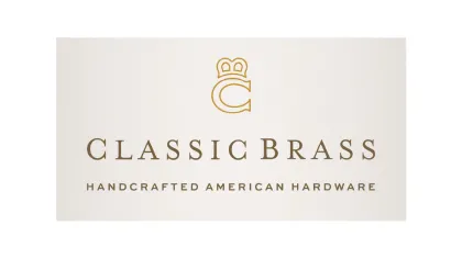 Classic Brass logo with a crown design and tagline handcrafted American hardware on white background