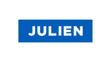 Blue rectangular logo with the white text JULIEN in bold uppercase letters