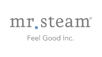 mr.steam logo with tagline Feel Good Inc. in simple gray and blue design on white background
