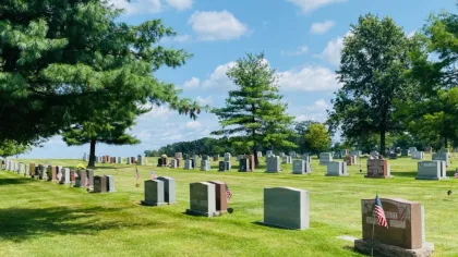 a cemetery with many flags