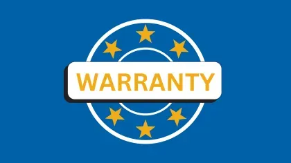 Blue badge with yellow stars and bold text Warranty in center symbolizing product guarantee and quality assurance
