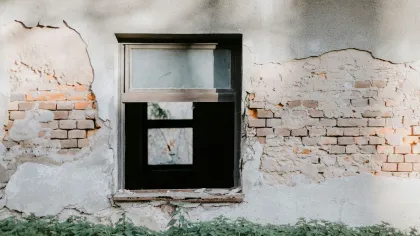 a window in a stone building