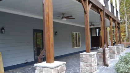 a house with a stone patio