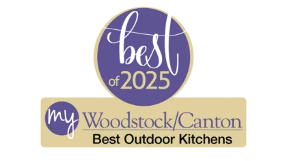 Best of 2025 award badge for Woodstock/Canton's Best Outdoor Kitchens in purple and beige colors.