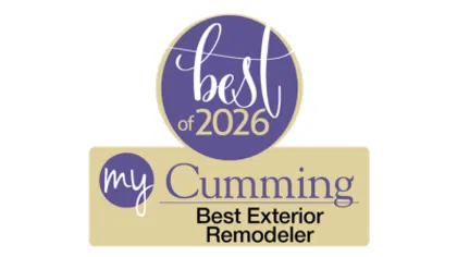 Best of 2026 My Cumming award badge for Best Exterior Remodeler with purple and beige design