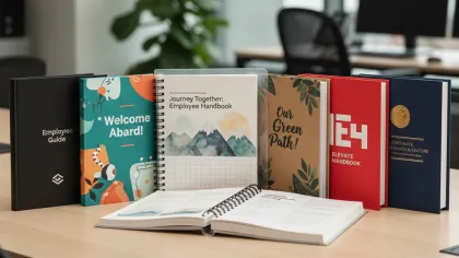 Collection of employee handbooks and guides arranged on a wooden office desk with blurred background.