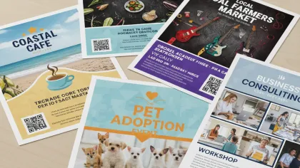 Flyers for local events including farmers markets, pet adoption, coastal cafe, and business consulting on a wooden table.