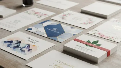 Elegant business and invitation cards with floral, geometric, and nature designs arranged on a wooden table.